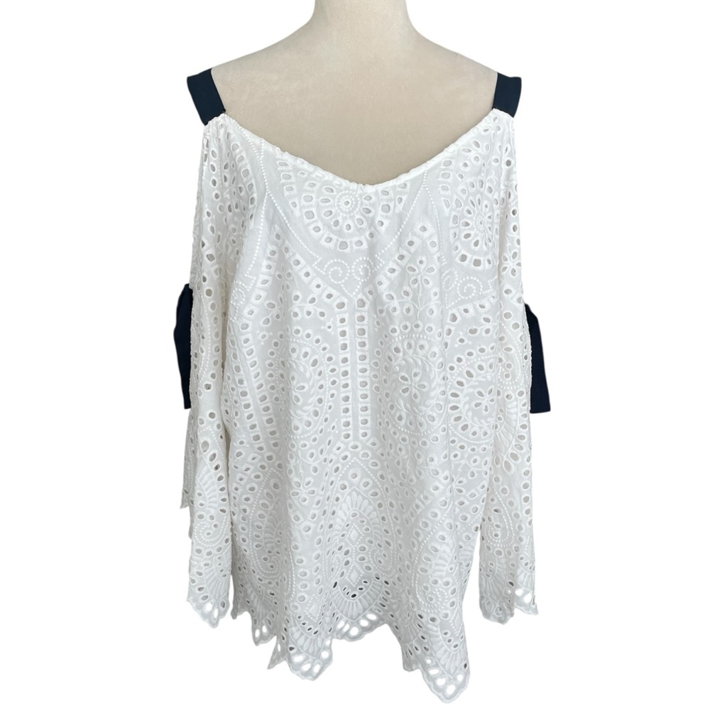 Roaman's Eyelet Embroidered Off Shoulder Top‎ White Navy Women 18 W Resort Wear